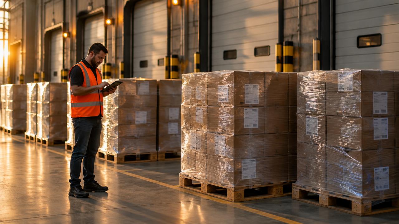 Pallets embalados e filmados aguardando embarque na área de expedição
