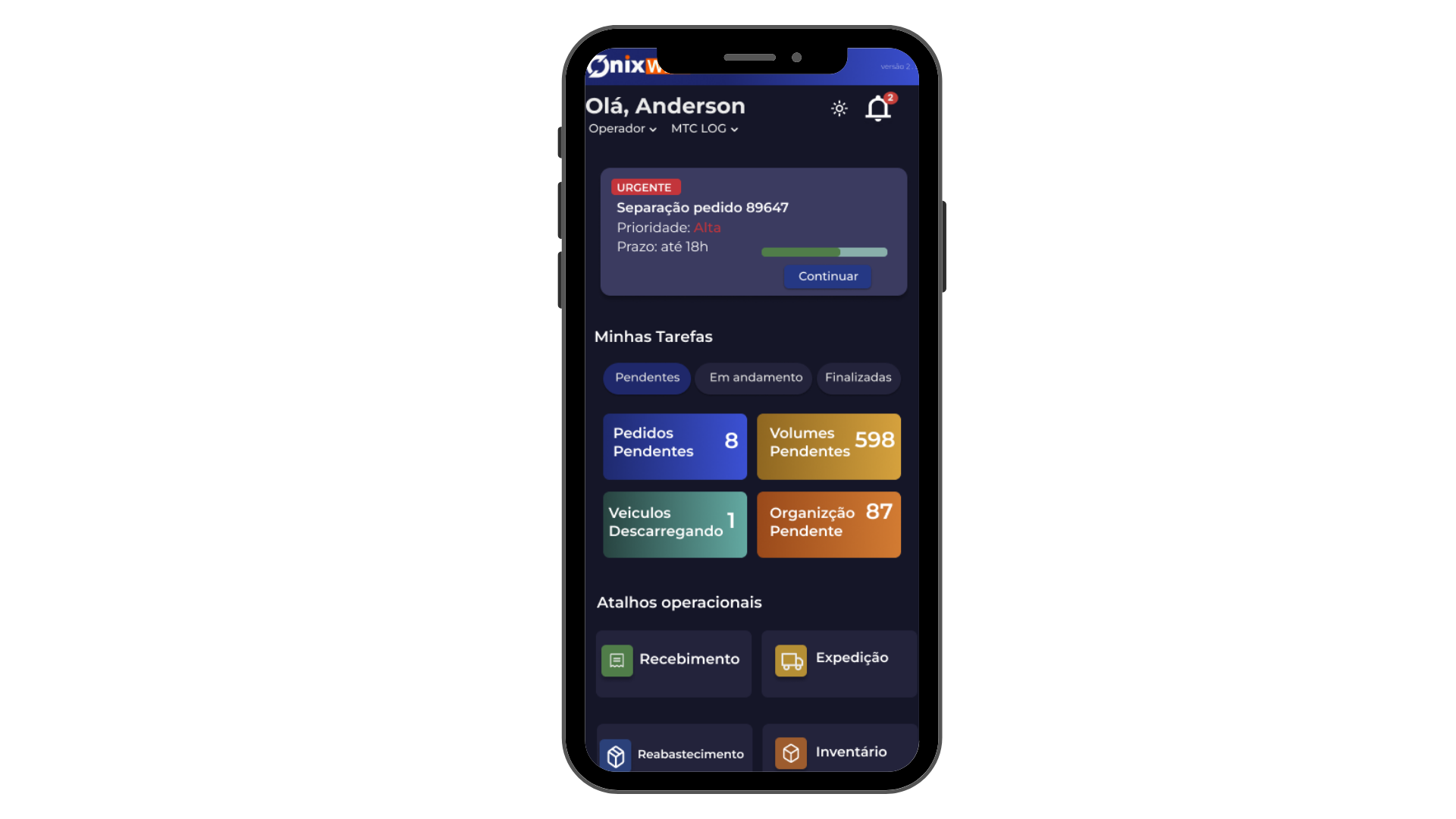 Aplicativo Onix WMS em smartphone com tarefas pendentes, alertas e atalhos operacionais