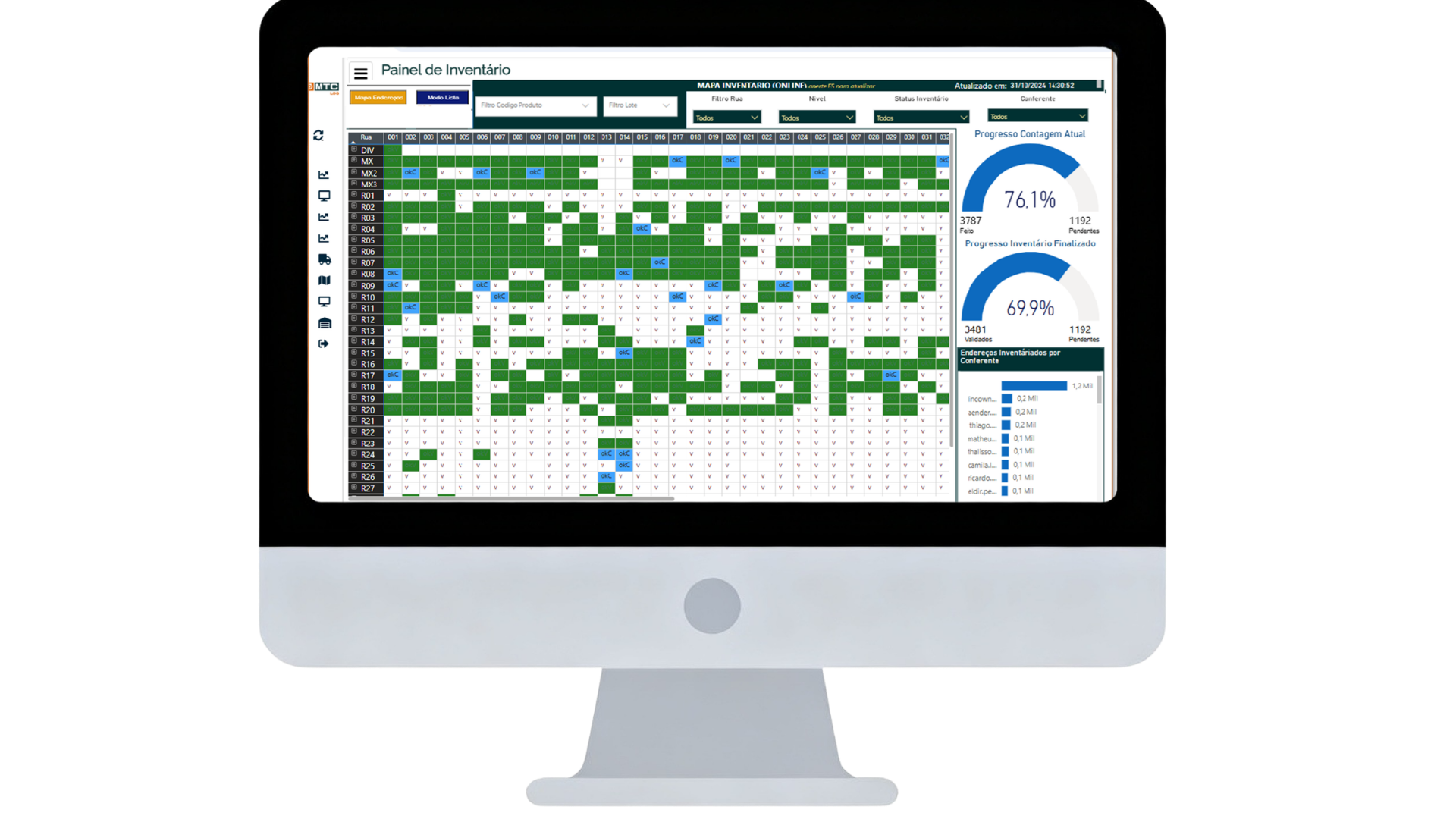 Painel de inventário com mapa de endereços em grade verde e progresso da contagem
