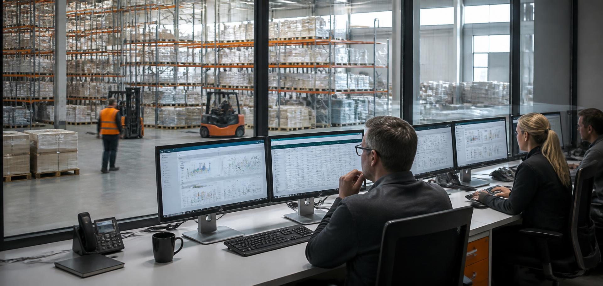 Sala de controle logístico com visão do armazém através de parede de vidro