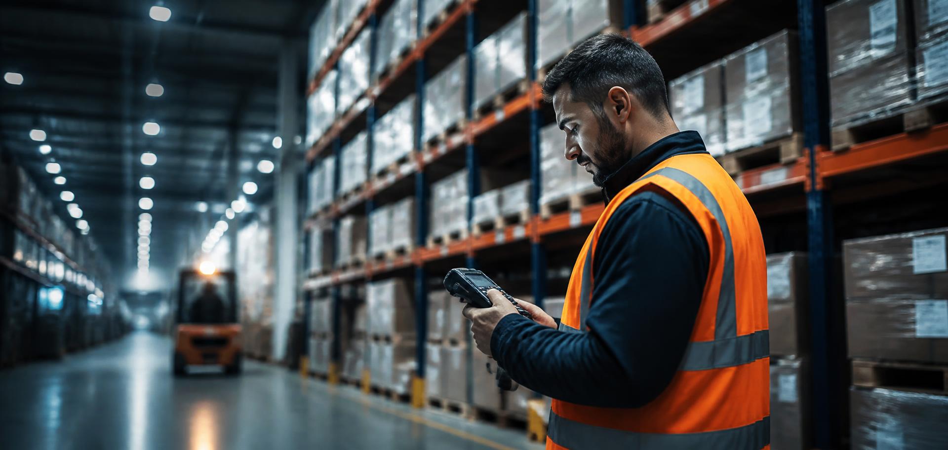 Operador de armazém utilizando coletor de dados RF em corredor de porta-pallets