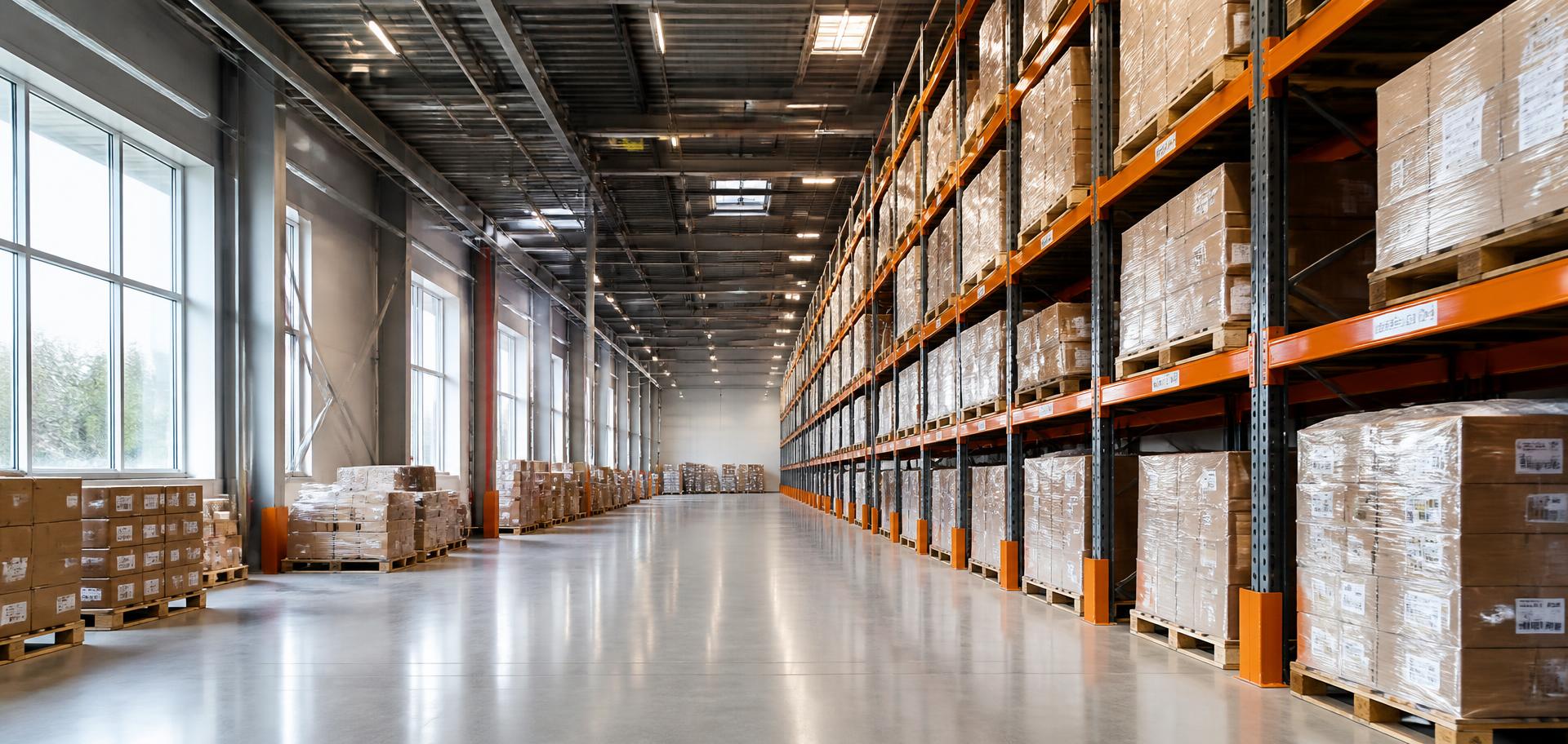 Centro de distribuição moderno com corredores de porta-pallets e estoque organizado