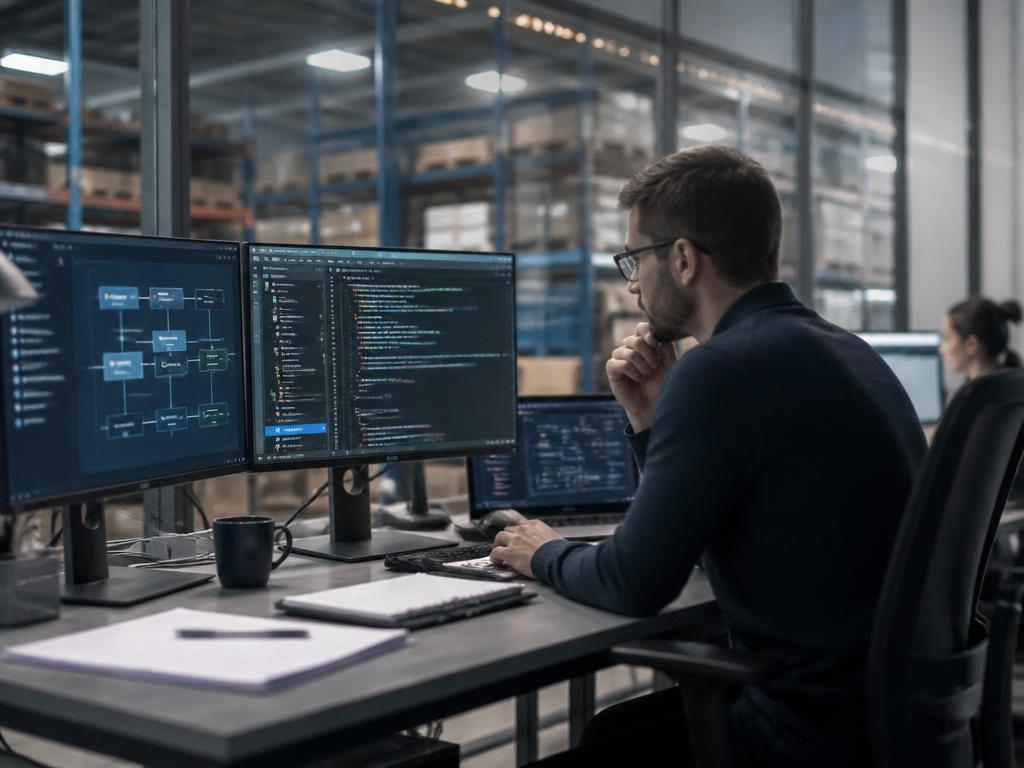 Estação de trabalho com console de integração de sistemas em empresa de logística