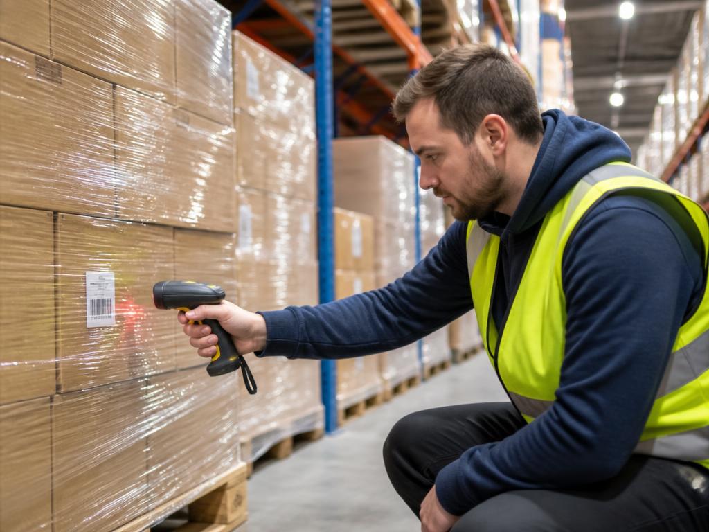 Operador lendo etiqueta de código de barras com coletor em pallet