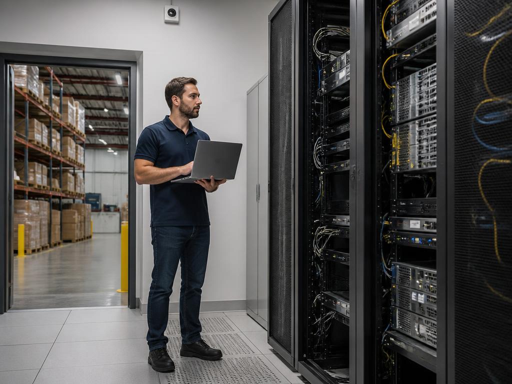 Técnico com notebook junto a racks de servidores ao lado do armazém