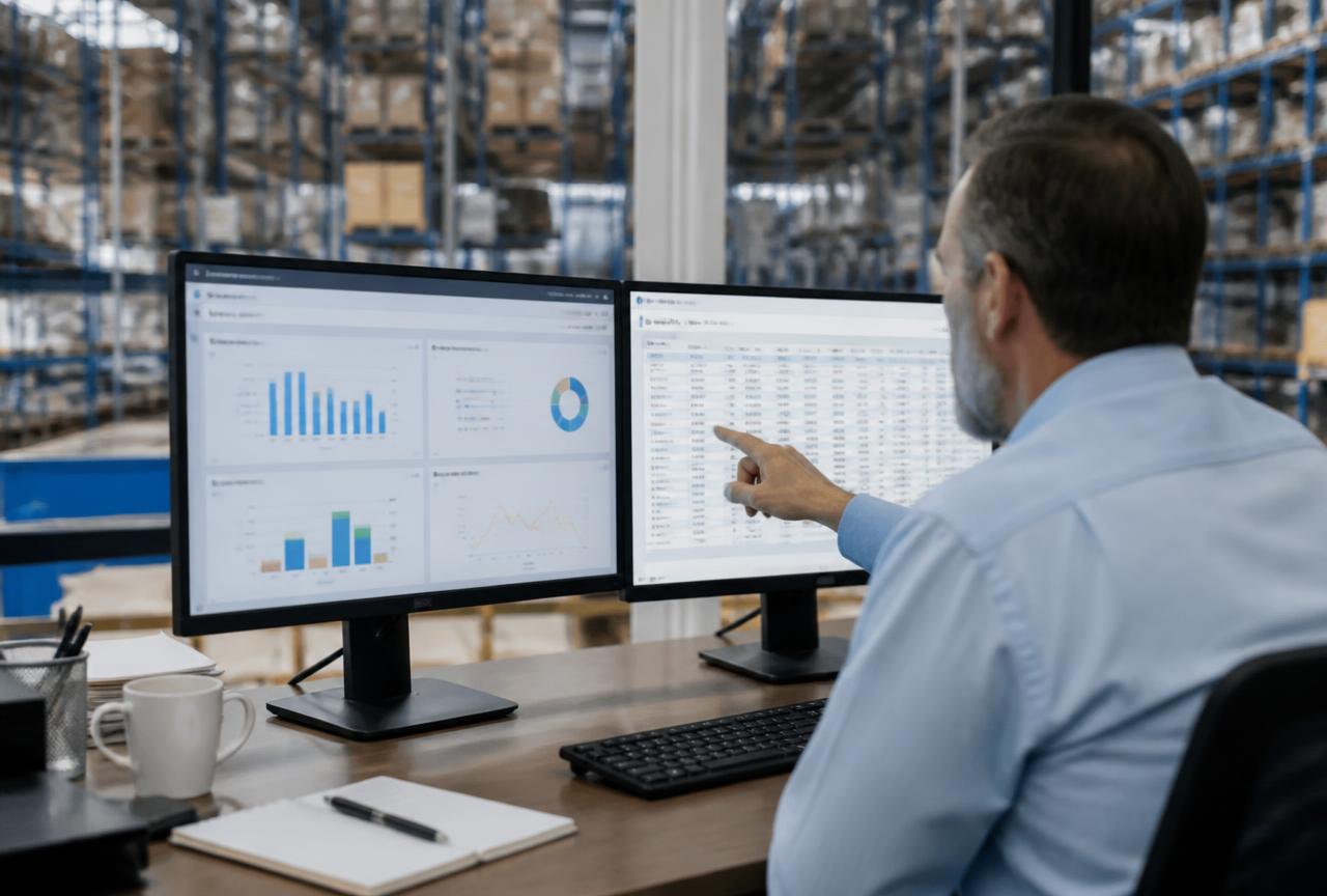 Gestor analisando dashboards de gestão integrados à operação de armazém