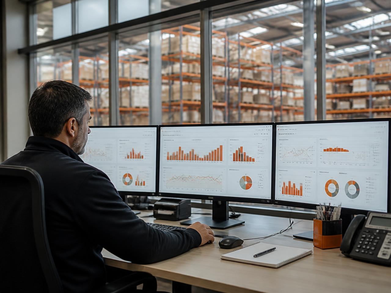 Gestor analisando dashboards e indicadores da operação logística