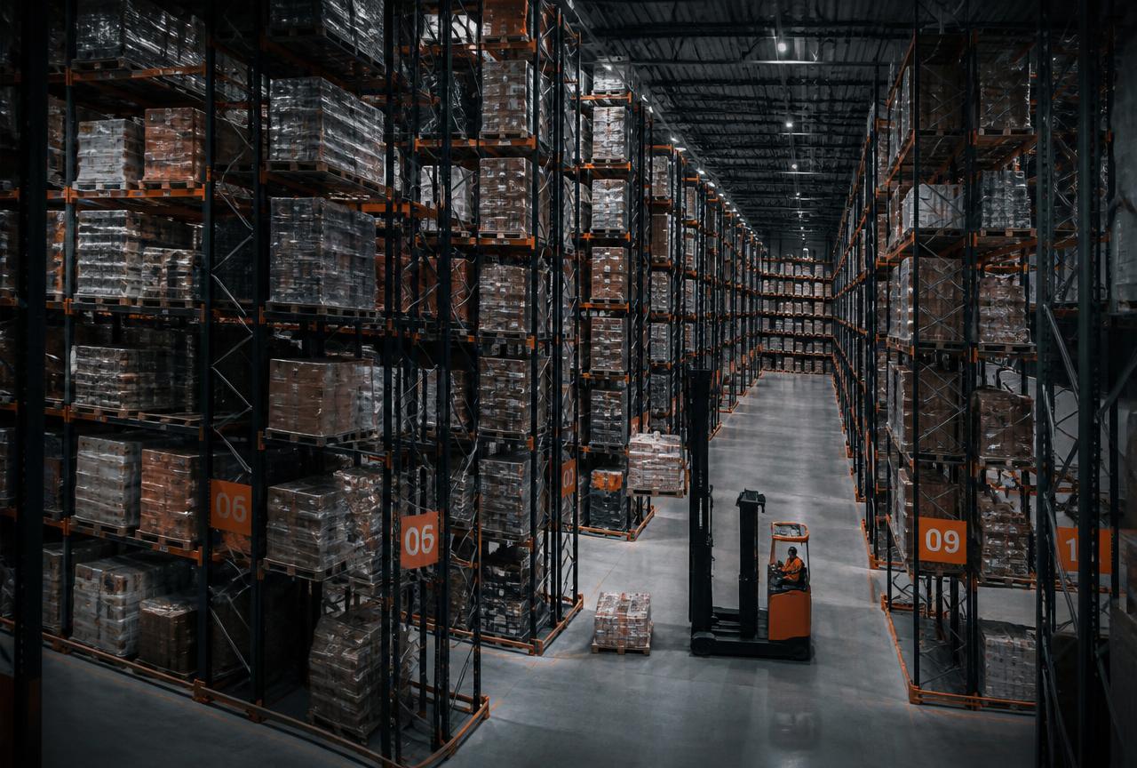 Grande centro de distribuição com estruturas porta-pallet de grande altura