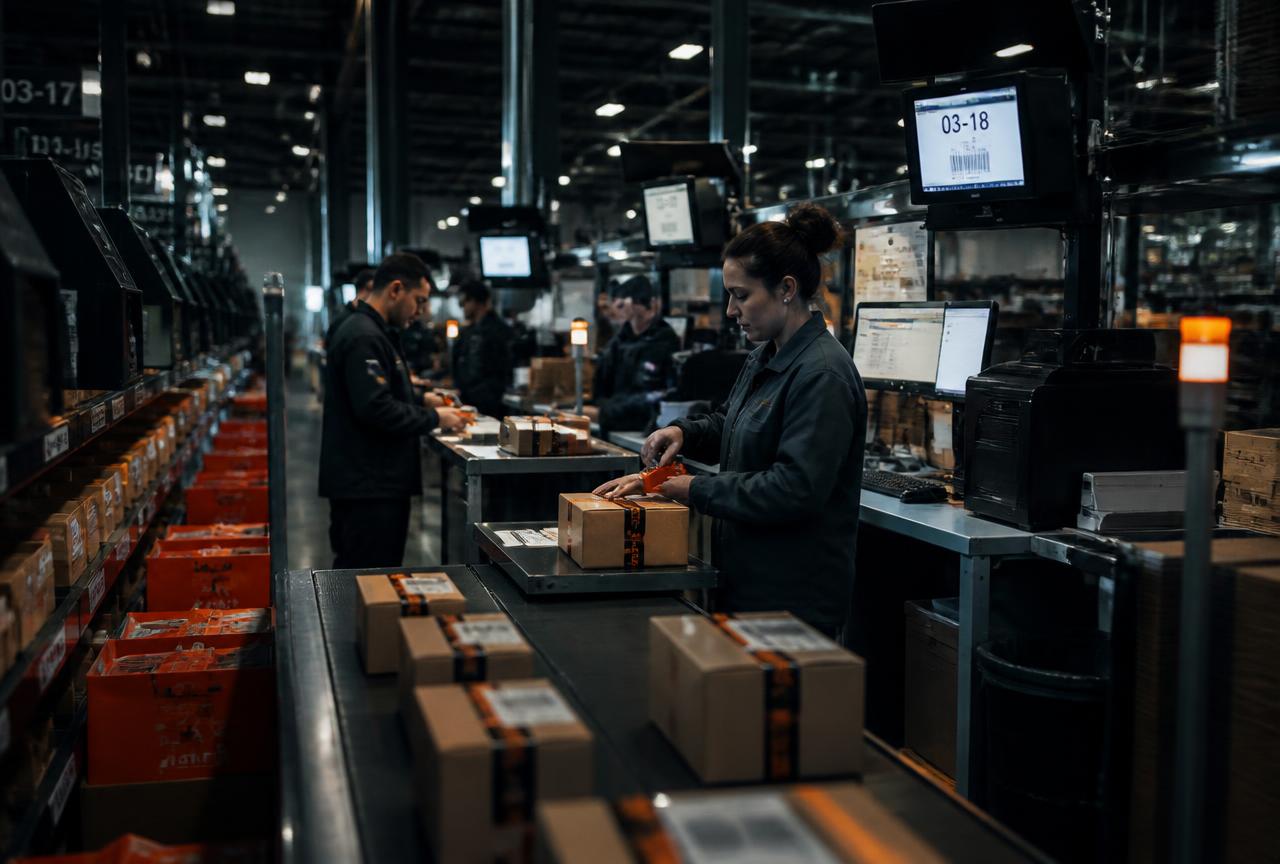 Estações de embalagem de pedidos em centro de fulfillment de e-commerce
